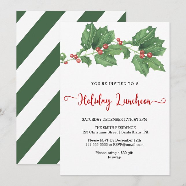 Invitación Holly Wreath Holiday Luncheon (Anverso / Reverso)