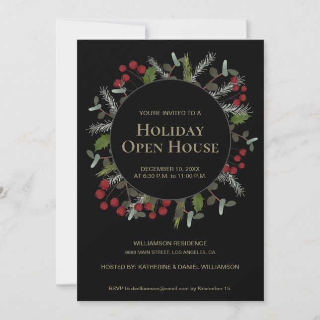 Invitación Holly Wreath Holiday Open House Navidades Fiesta (Anverso)