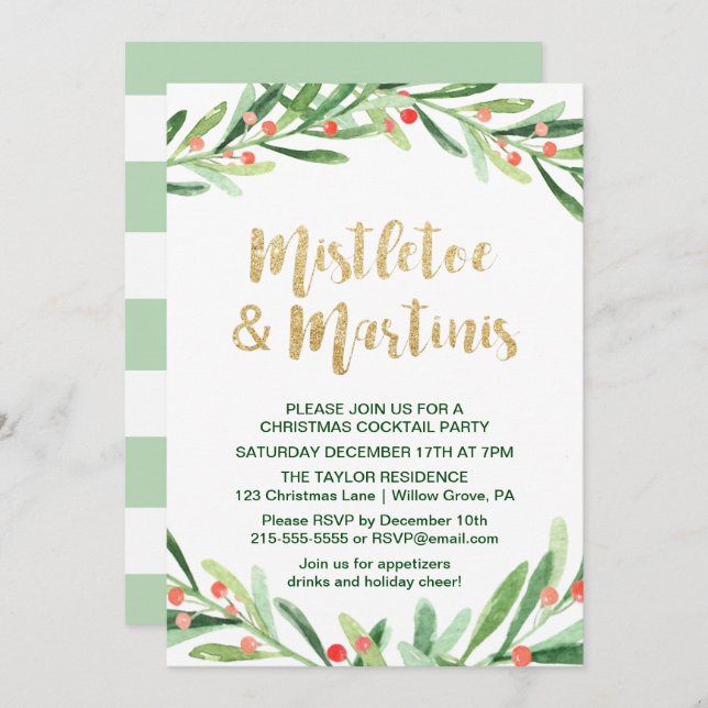 Invitación Holly Wreath Mistletoe y Martinis Cocktail Fiesta (Anverso / Reverso)