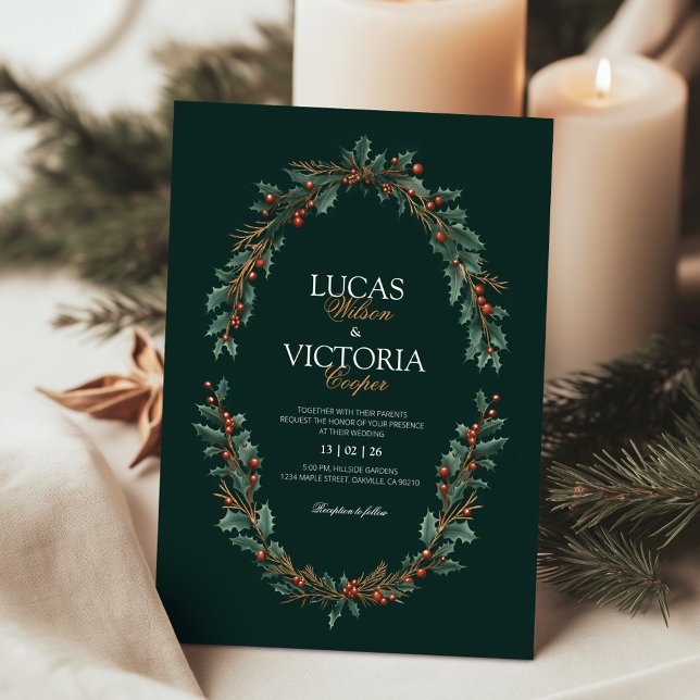 Invitación Holly Wreats Dark Green Winter Wedding (Subido por el creador)