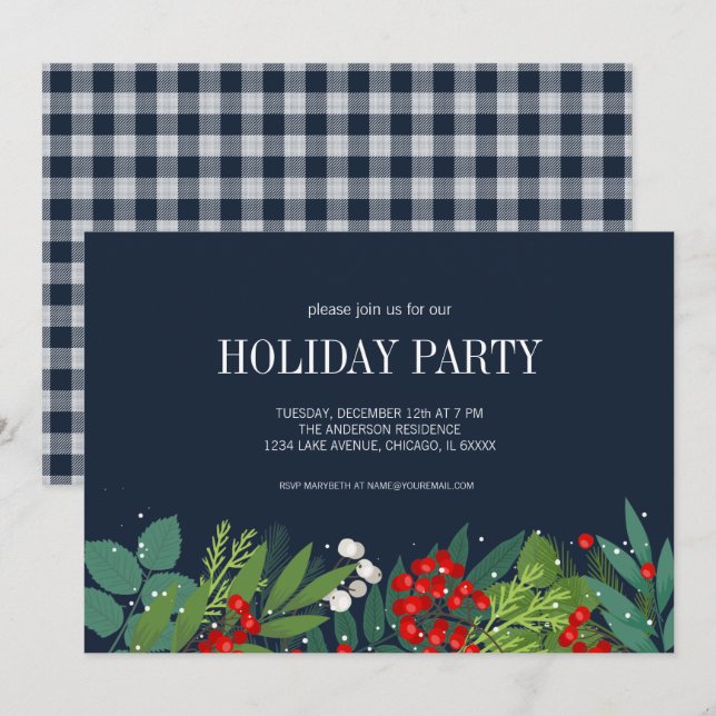 Invitación Holly Y Greenery Feliz Fiesta de Navidad (Anverso / Reverso)