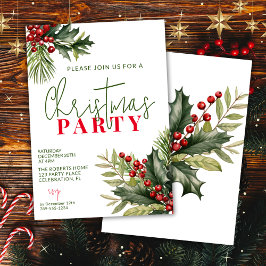 Invitación Holly y Pine sobre el Fiesta de los Navidades blan