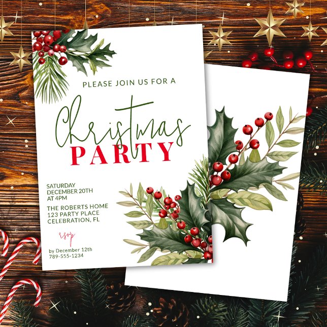 Invitación Holly y Pine sobre el Fiesta de los Navidades blan (Subido por el creador)