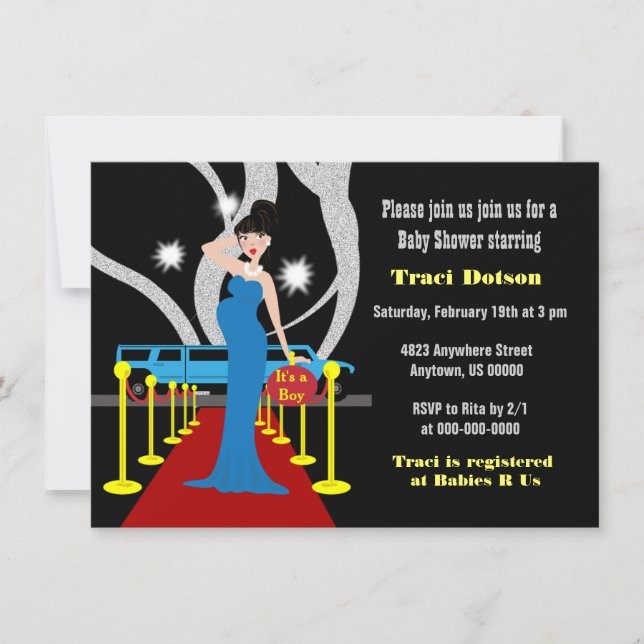 Invitación Hollywood Baby Shower invita al muchacho (Anverso)