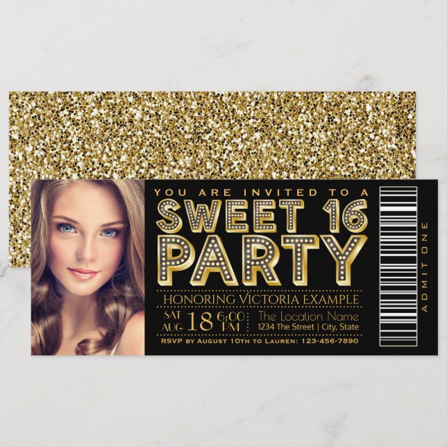 Invitación Hollywood Glam Sweet 16 entradas Black and Gold (Anverso / Reverso)