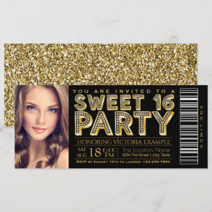 Invitación Hollywood Glam Sweet 16 entradas Black and Gold