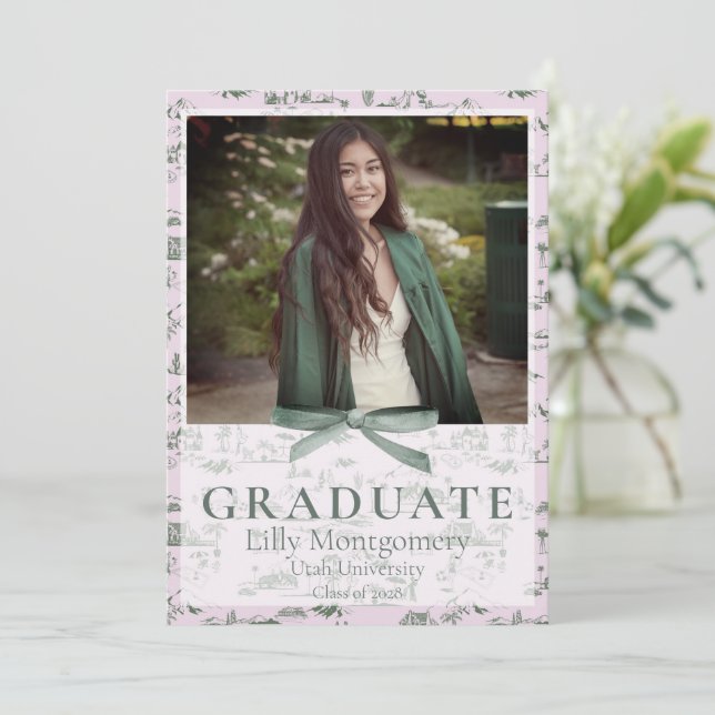Invitación Hollywood Hills Toile Coquette Pink & Green (Anverso de pie)