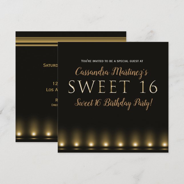 Invitación Hollywood Lights Gold Typography Sweet 16 Fiesta (Anverso / Reverso)