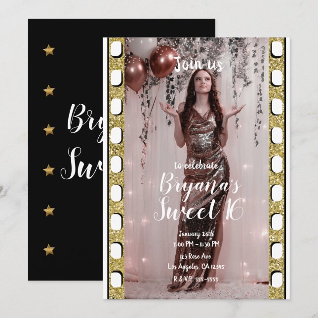 Invitación Hollywood Movie Gold Stars Film Sweet 16 Fiesta (Anverso / Reverso)
