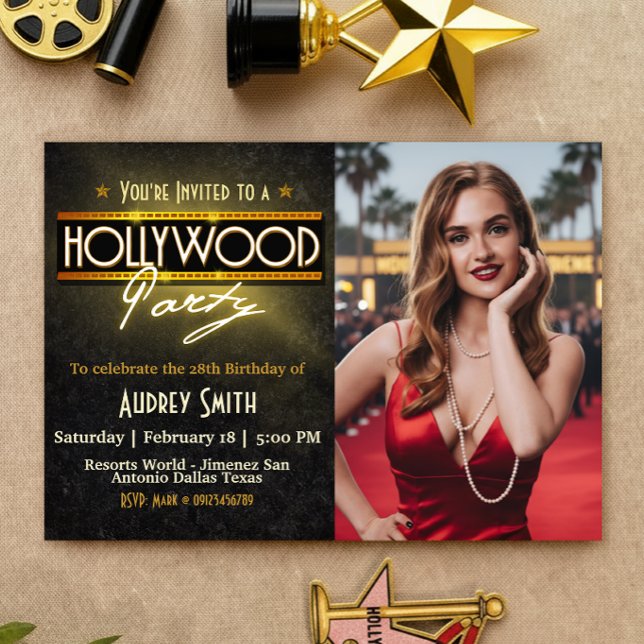 Invitación Hollywood Party with Picture Birthday Invitation (Hollywood Party with Picture Birthday Invitation)