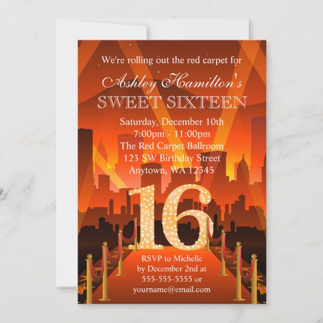 Invitación Hollywood Red Carpet City Sweet 16 Cumpleaños (Anverso)