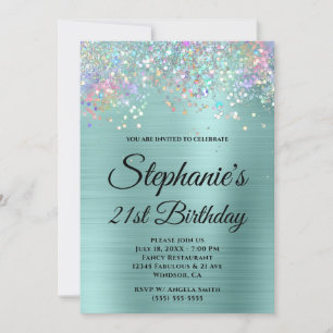 Invitación Holo Brillo Monograma Elegante Turquesa Pálido de