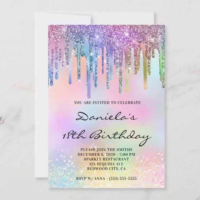 Invitación Holo Glitter Rainbow Drips 18th Birthday (Anverso)