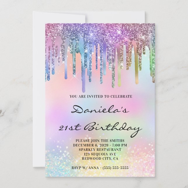 Invitación Holo Glitter Rainbow Drips 21st Birthday (Anverso)