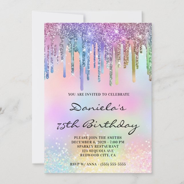 Invitación Holo Glitter Rainbow Drips 75th Birthday (Anverso)
