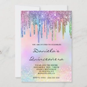 Invitación Holo Purpurina gotea arcoíris Quinceañera