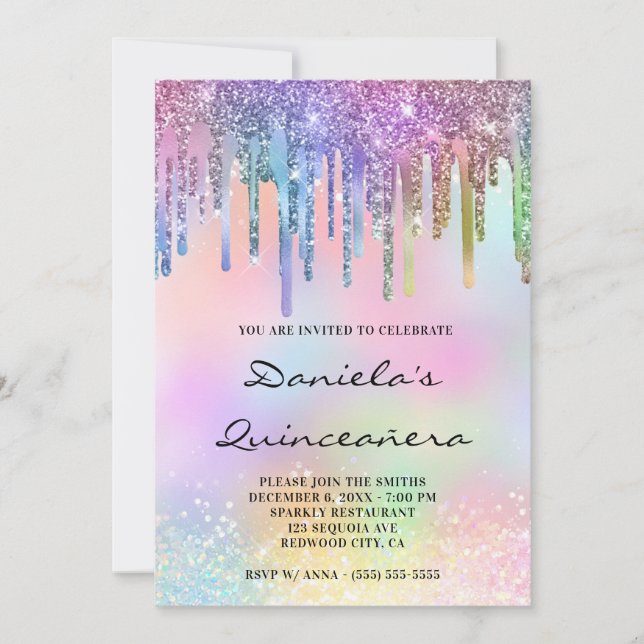 Invitación Holo Purpurina gotea arcoíris Quinceañera (Anverso)
