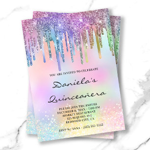 Invitación Holo Purpurina gotea arcoíris Quinceañera