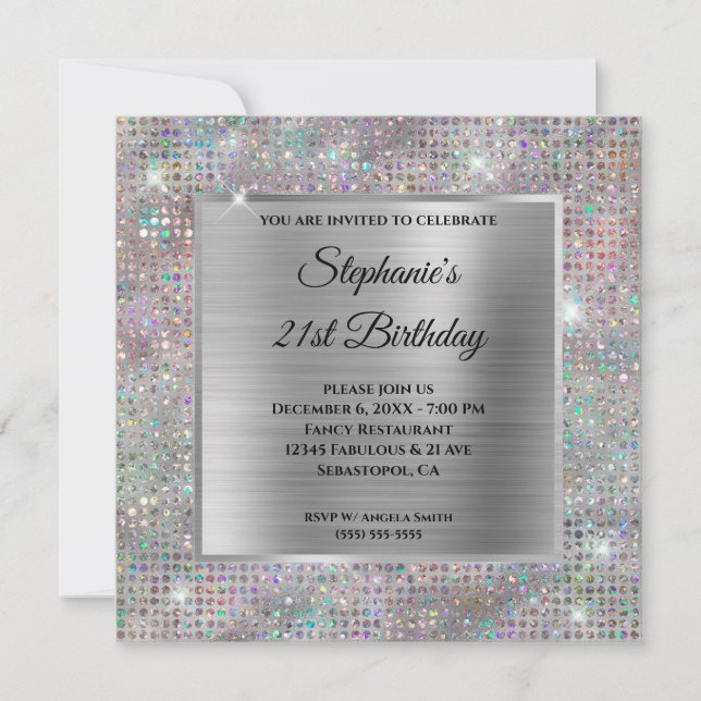 Invitación Holo Silver Diamante Studded Relieve metalizado 21 (Anverso)