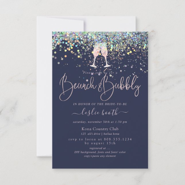 Invitación Holografía de Confetti Brunch+Bubbly Pink Champagn (Anverso)