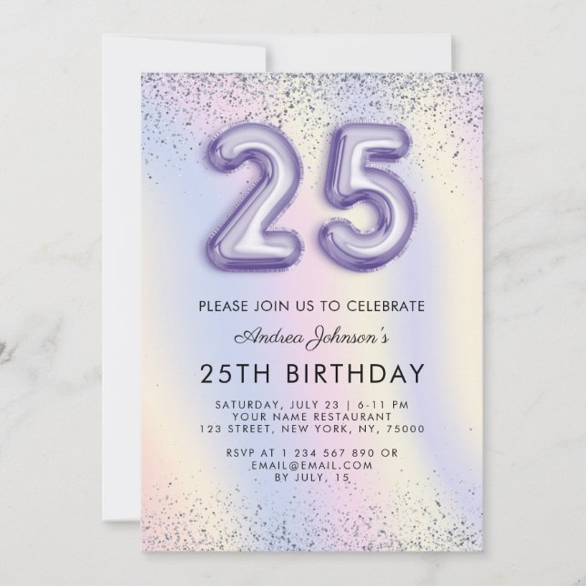 Invitación Holografía de cumpleaños número 25 de globo morado (Anverso)