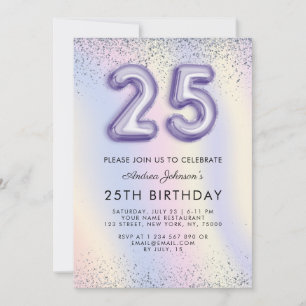 Invitación Holografía de cumpleaños número 25 de globo morado