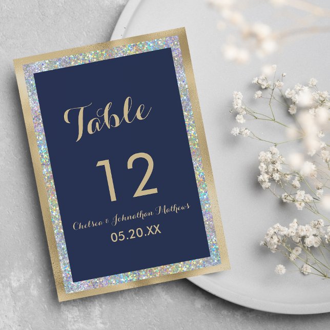 Invitación Holografía de la tabla de oro azul marino (Navy blue gold silver holographic Table Numbers)