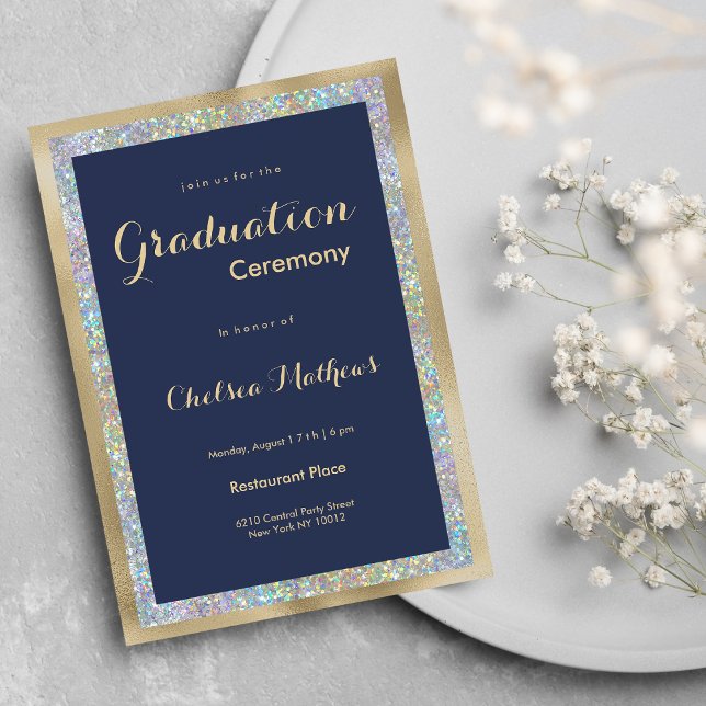 Invitación Holografía de plata azul marino Graduación (Navy blue gold silver holographic Graduation )