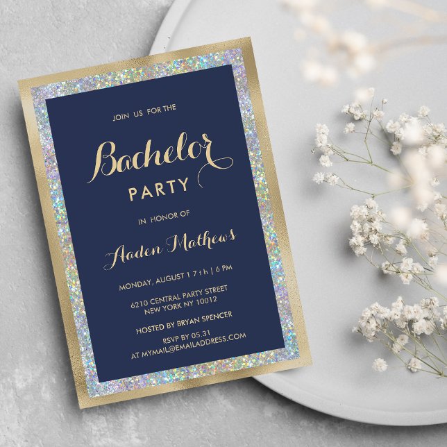 Invitación Holografía de plata azul marino Partido del Solter (Navy blue gold silver holographic Bachelor Party )