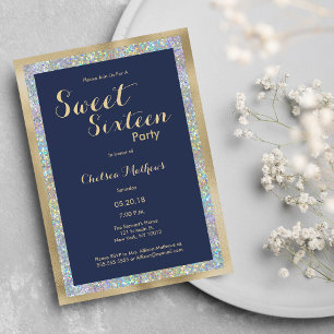 Invitación Holografía de plata dorada azul marino Sweet 16