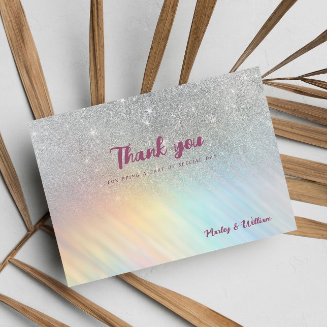 Invitación Holografía del arco iris de la purpurina Plata Gra (Silver glitter rainbow holographic Thank You)