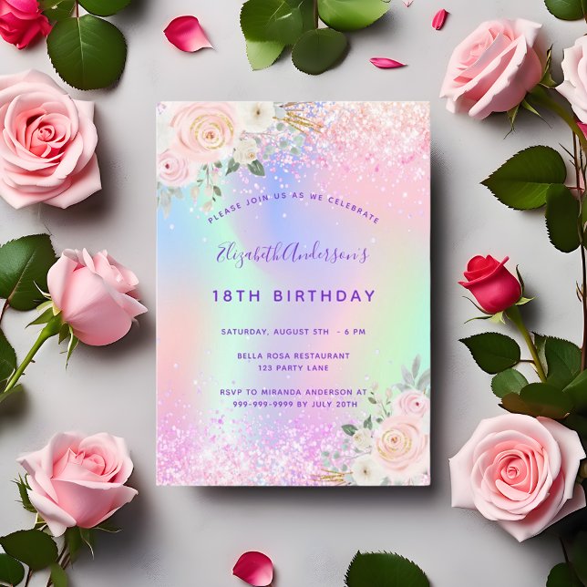 Invitación Holografía floral purpurina púrpura rosa de cumple (Subido por el creador)