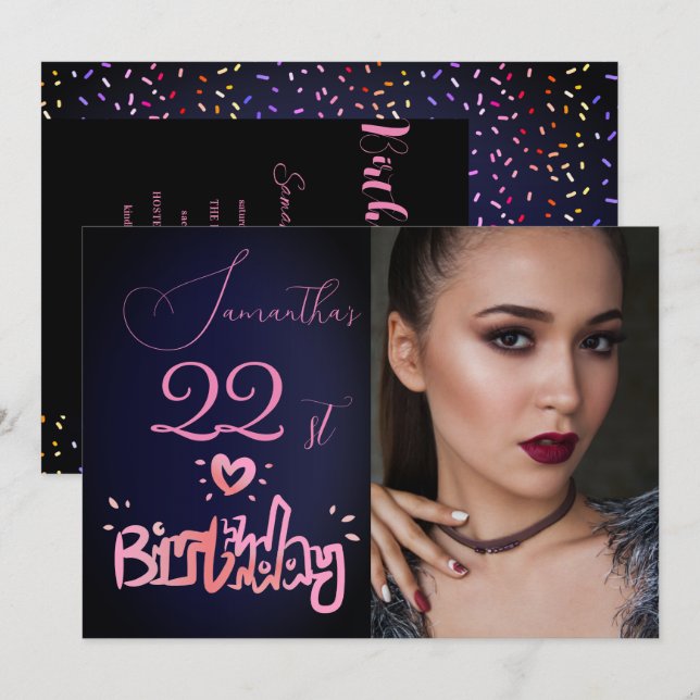 Invitación Holografía Pink Purple Navy foto azul cumpleaños (Anverso / Reverso)