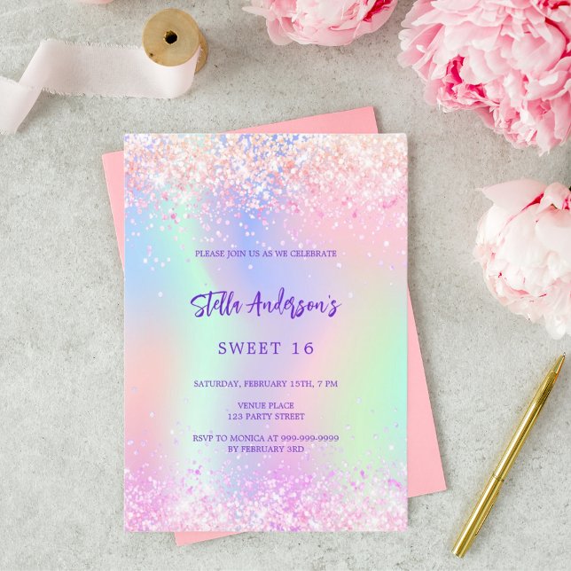 Invitación Holografía purpurina púrpura rosa Sweet 16 (Subido por el creador)