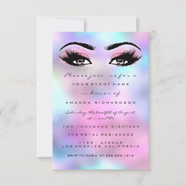 Invitación Holográfica Maquillaje Rosa Ducha Bridal Dulce 16 (Anverso)
