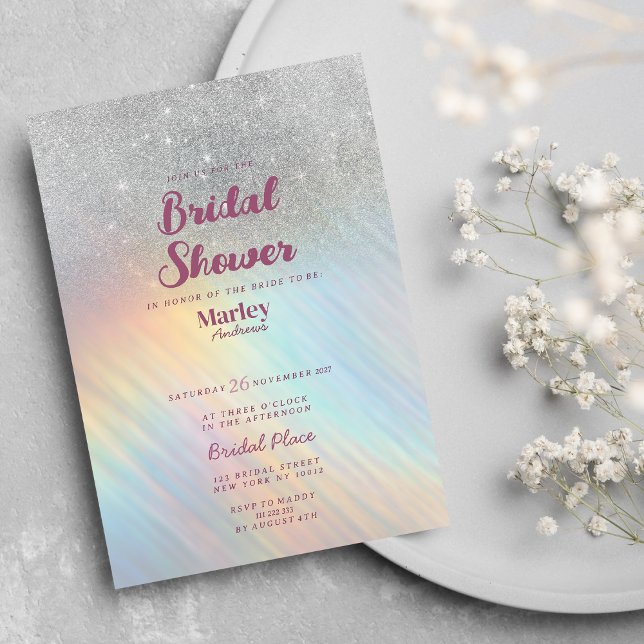Invitación Holográfico del arco iris purpurina plateado Ducha (Silver glitter rainbow holographic Bridal Shower)