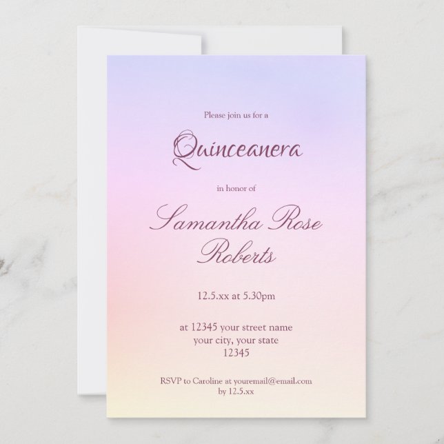 Invitación Holográfico Pastel Rainbow Elegante Quinceanera (Anverso)