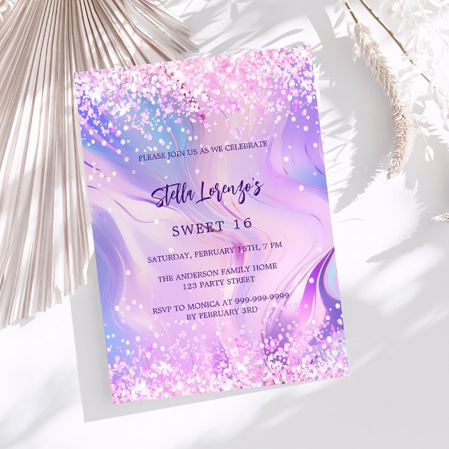 Invitación Holográfico rosa morado Sweet 16 (Subido por el creador)