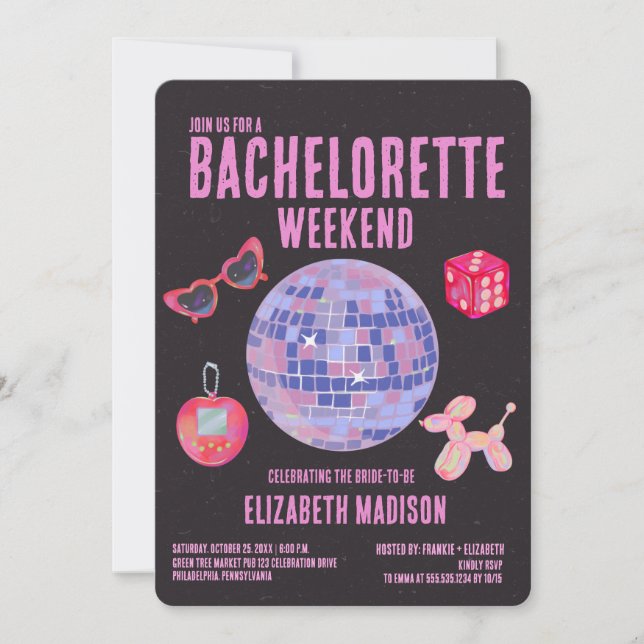 Invitación Holographic Pink Disco Bachelorette Weekend (Anverso)