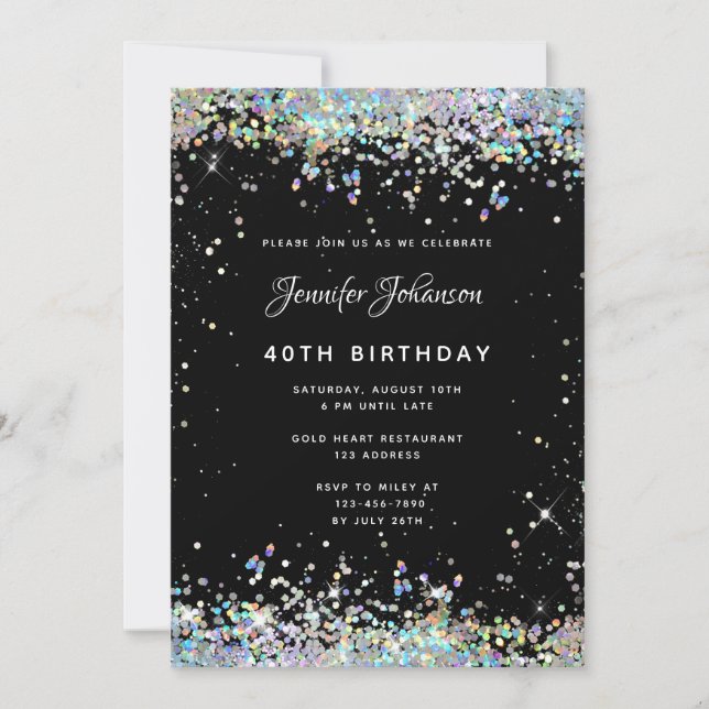 Invitación Holographic Sparkly Purpurina 40th Birthday Black (Anverso)