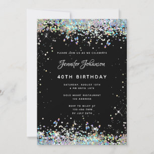 Invitación Holographic Sparkly Purpurina 40th Birthday Black