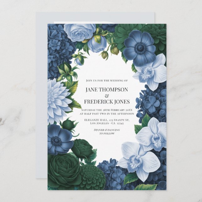Invitación Holstein Blue, Silver Slate & Smoky Pine Wedding (Anverso / Reverso)