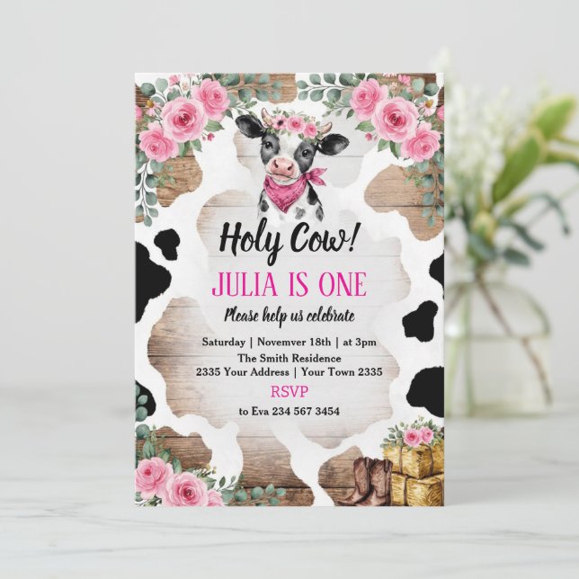 Invitación Holy Cow Birthday Invitation | Cow Party (Anverso de pie)