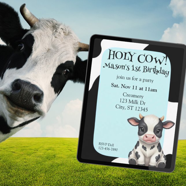 Invitación Holy Cow, blue, cow 1st Birthday (Subido por el creador)
