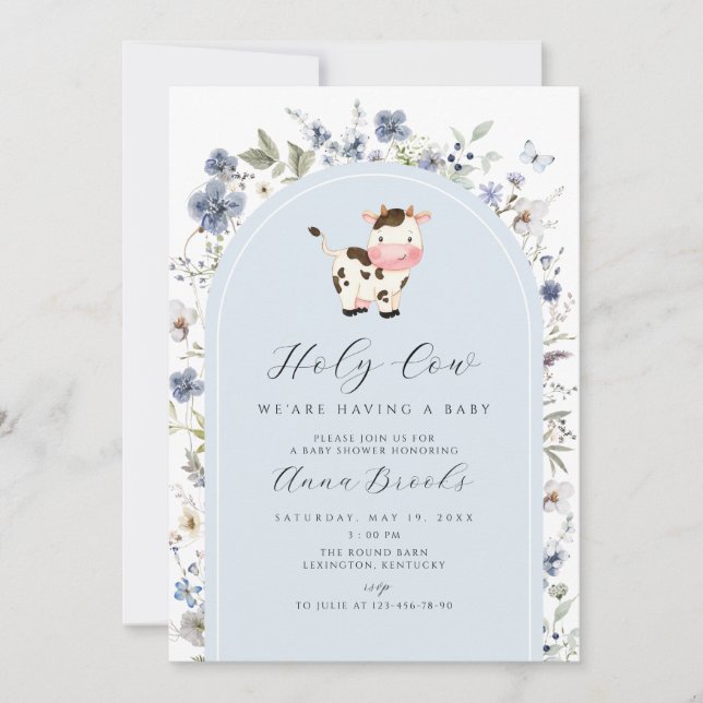 Invitación Holy Cow blue flowers boy Baby Shower (Anverso)