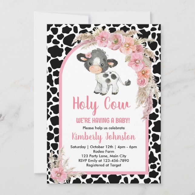 Invitación Holy Cow boho baby ducha granja rosa chica floral (Anverso)