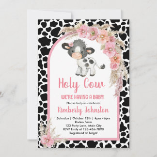 Invitación Holy Cow boho baby ducha granja rosa chica floral