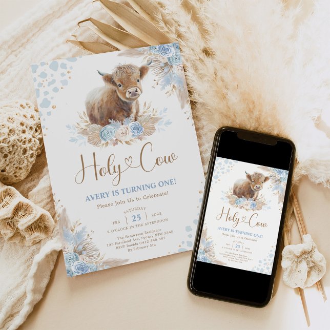 Invitación Holy Cow Boho Blue Highland Cow Boy Cumpleaños (Subido por el creador)