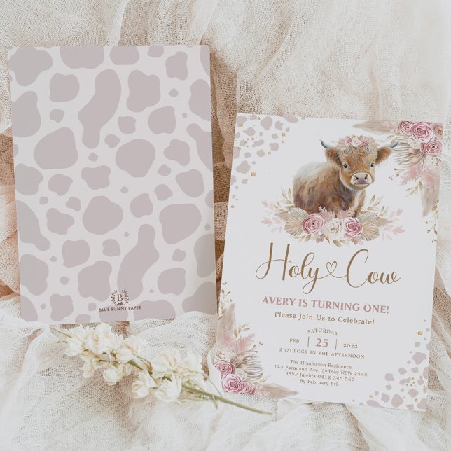Invitación Holy Cow Boho Pampas Highland Cow Chica Birday (Subido por el creador)