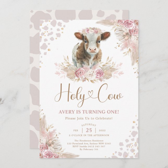 Invitación Holy Cow Boho Pink Pampas Cow Baby Girl Cumpleaños (Anverso / Reverso)